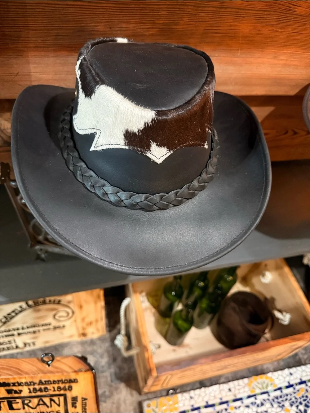 Medium & Black Leather Western Hat with Brown and Cream Hair-On Hide Trim